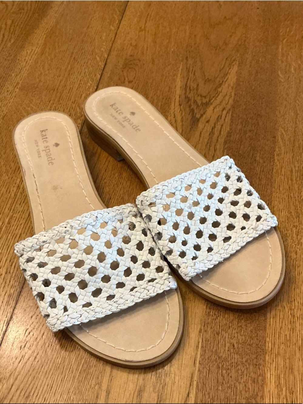 Woman’s kate spade white leather weave slides. Size 9. 1” heel. Stacked heel.